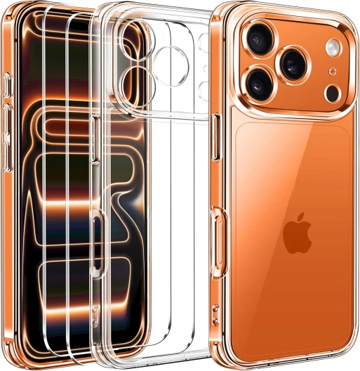 Anti-Jaunissement Clair Coque pour iPhone 17 Pro avec 2 Pièces Verre Trempé, Protection Militaire Antichoc Transparente Étui de Protection Mince Bumper Housse iPhone 17 Pro 6,3" Transparent