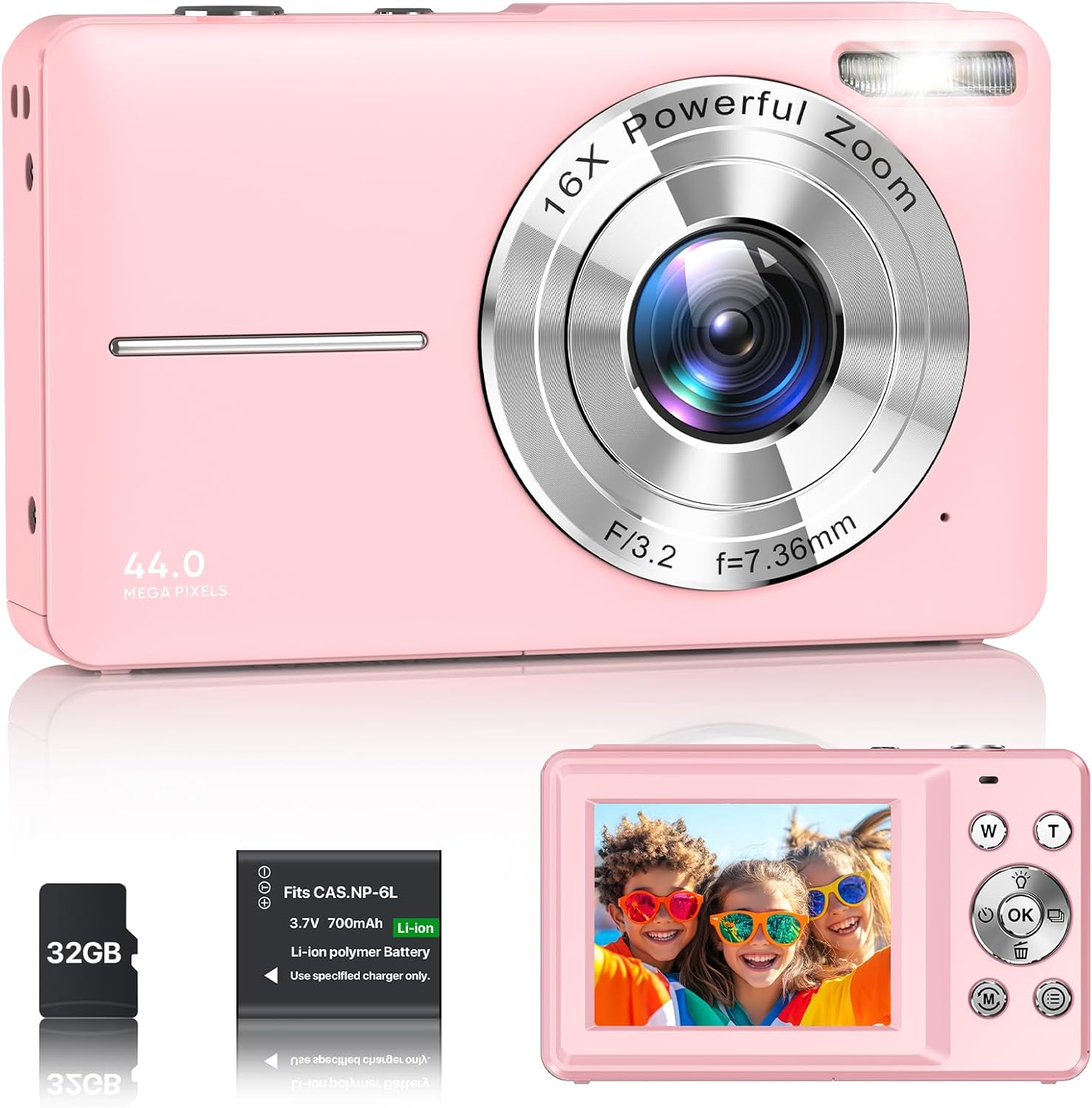 Appareil Photo Numérique 1080P Appareil Photo 44 MP Appareil Photo Compact Portable avec Écran LCD 2,4", Zoom Numérique 16X, Carte Mémoire Micro 32 G, 1 Batterie pour Adolescents, Étudiants-Rose Rose + 1 Pile + 1 Carte Mémoire
