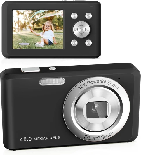 Appareil Photo Numérique, HD 1080P avec Carte Mémoire 32 Go, Appareil Photo 48 Mégapixels, écran LCD 2,4 Pouces, Zoom Numérique 16x pour Les Enfants, Les Filles, Les Adolescents(Noir)