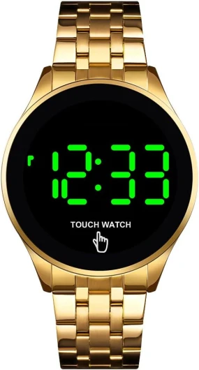 Montre-bracelet numérique à écran tactile LED étanche pour homme et femme en acier inoxydable (doré)