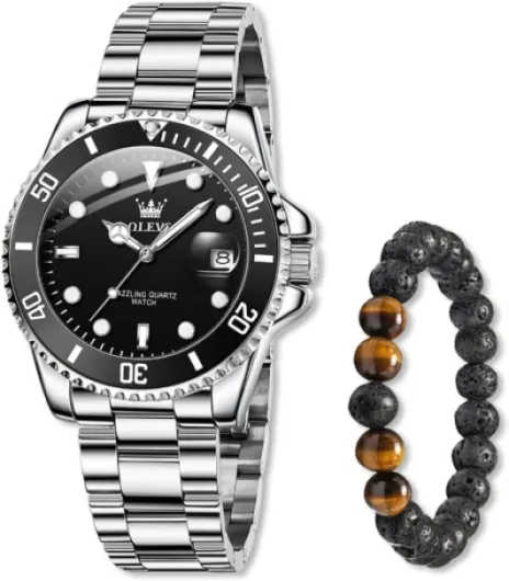 Montre Homme en Acier Inoxydable Étanche 30M Aiguilles Luminescentes Calendrier Mouvement à Quartz Style Classique sans Surcoût de Luxe Montre pour Hommes Argent/Noir