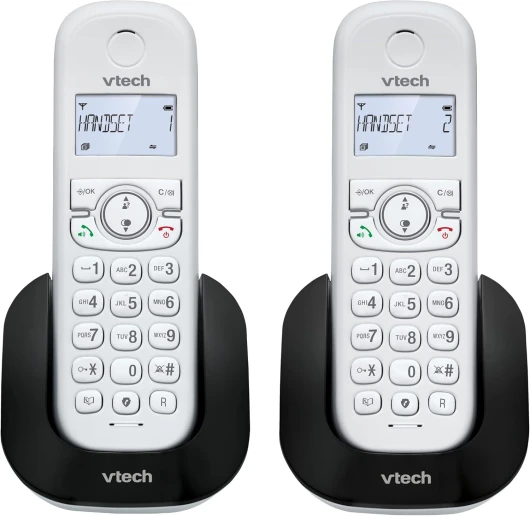CS1501 Téléphone sans Fil DECT à Deux combinés avec Blocage d'appel, Identification de l'appelant/Appel en Attente, Haut-Parleur Mains Libres, écran et Clavier rétroéclairés 2-Telephone fixe sans fil