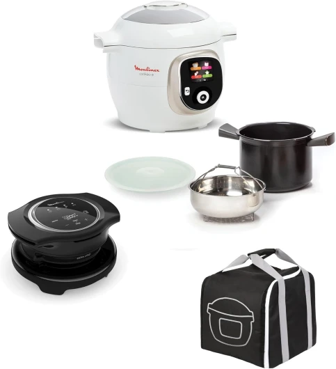 Lot Multicuiseur intelligent Cookeo+, Cuisson haute pression, 150 recettes intégrées + Couvercle Extra Crisp pour frire sans huile + Housse de transport 6 modes de cuisson + airfryer Blanc 150 recettes